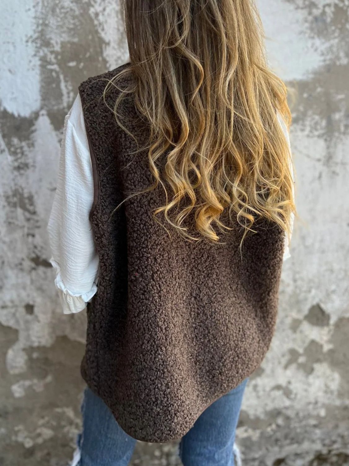 Full Size Pocketed Button Up V-Neck Sherpa Vest - Chic Yana’s Fashion