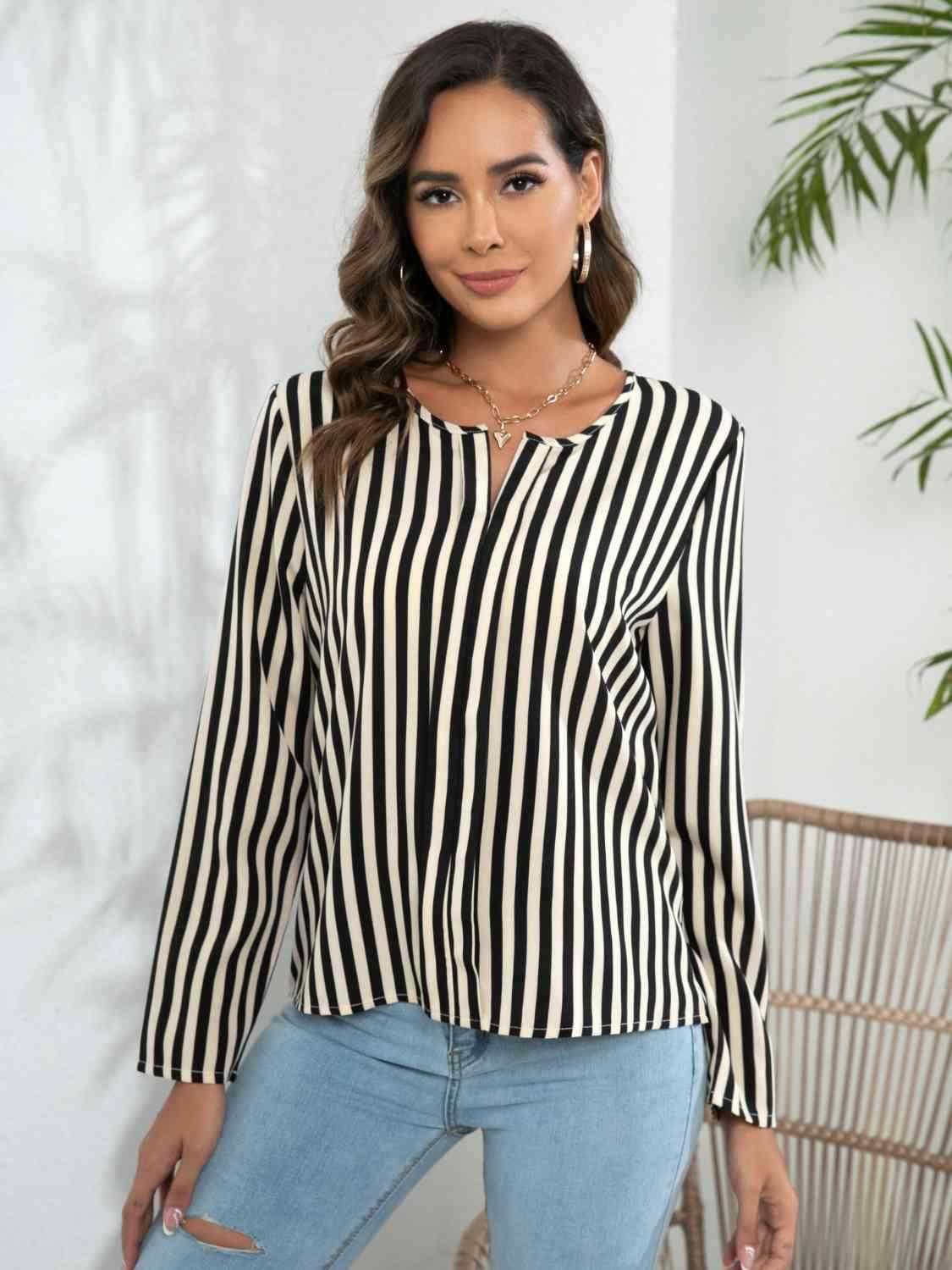 Striped Long Sleeve Notched Blouse - Chic Yana's Fashion