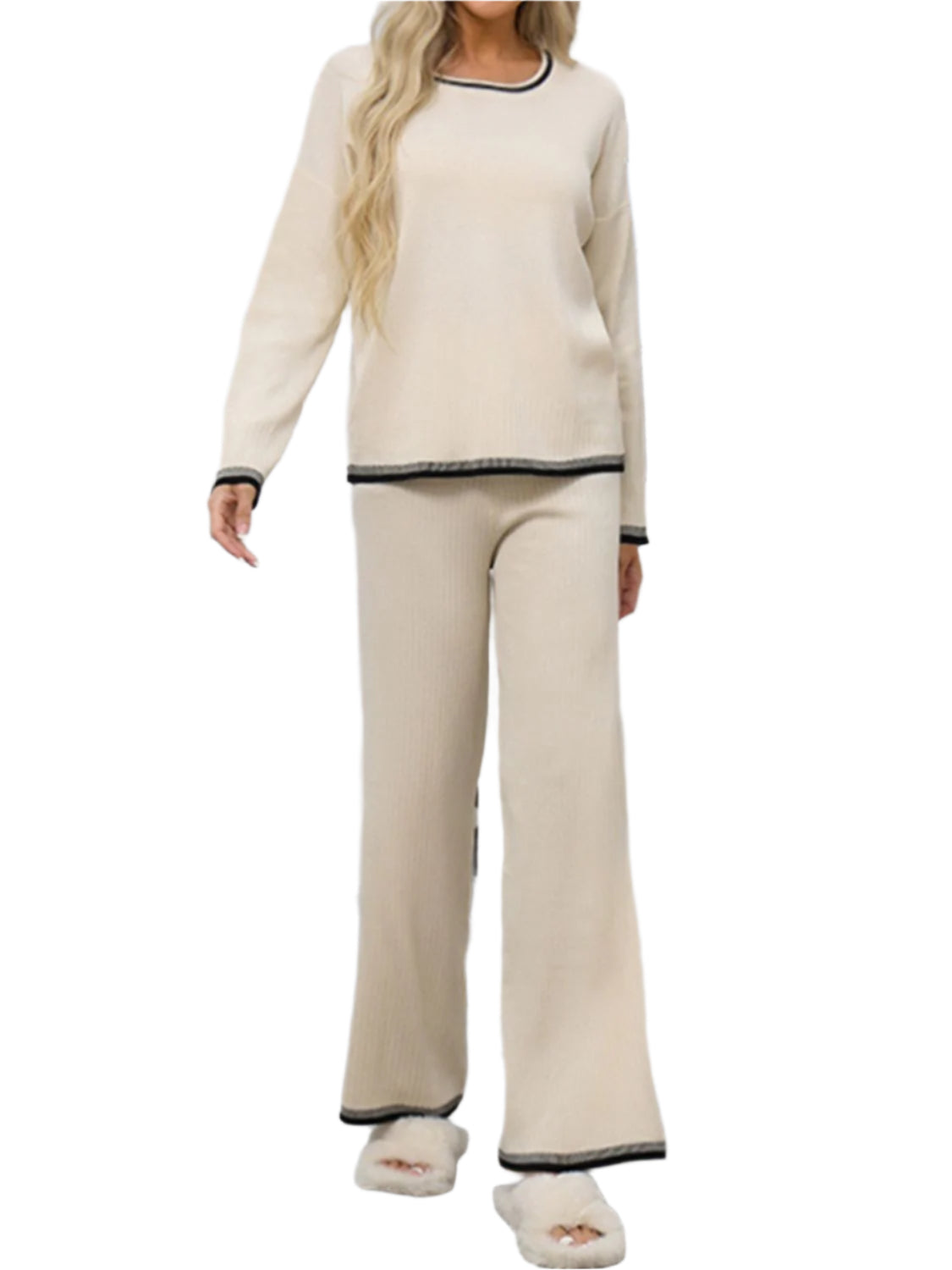 Contrast Trim Round Neck Top and Pants Sweater Set - Shop Now at Chic Yana's Fashion