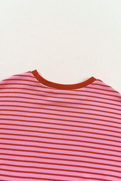 Contrast Striped Round Neck Short Sleeve T Shirt - Chic Yana's Fashion