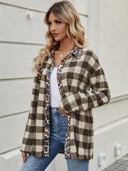 Flattering fit and modern design make the Leopard Trim Plaid Collared Neck Long Sleeve Shirt a standout piece.