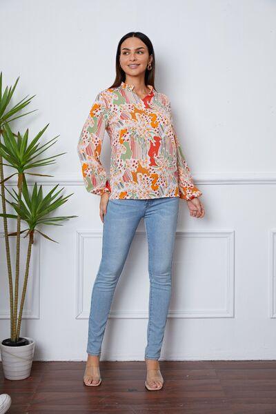 Floral Frill Notched Long Sleeve Blouse - Chic Yana's Fashion