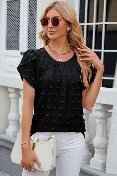 Swiss Dot Round Neck Petal Sleeve Blouse - Chic Yana's Fashion