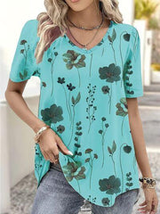 Printed V Neck Short Sleeve Blouse - Chic Yana's Fashion