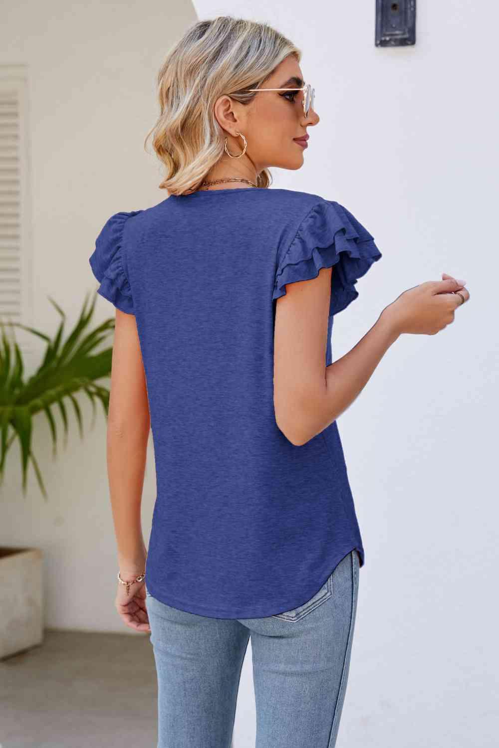 Smocked Flutter Sleeve V Neck Top - Chic Yana's Fashion