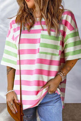 Contrast Striped Round Neck Half Sleeve T Shirt - Chic Yana's Fashion