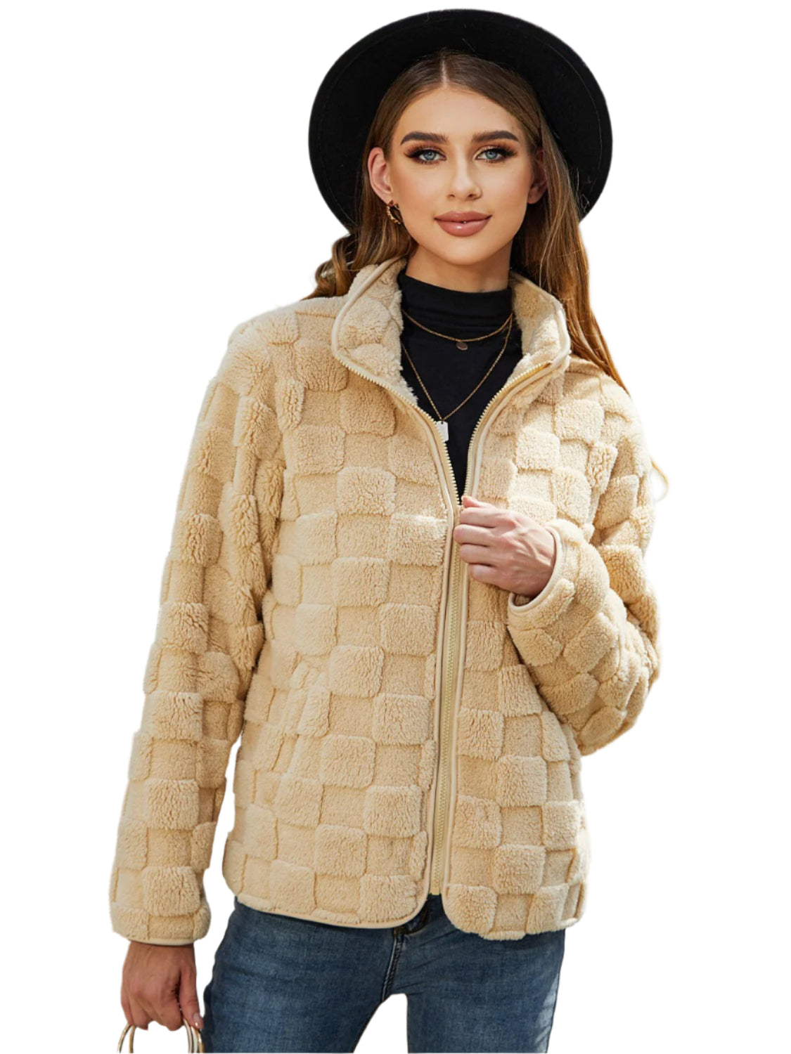 Fuzzy Checkered Zip Up Jacket - Chic Yana’s Fashion