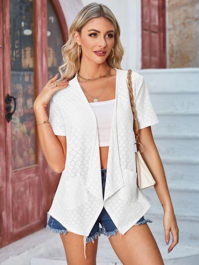 Eyelet Open Front Short Sleeve Cover Up - Chic Yana's Fashion