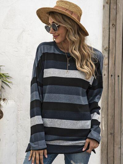 Full Size Striped Round Neck Long Sleeve T Shirt Plus Size - Chic Yana's Fashion