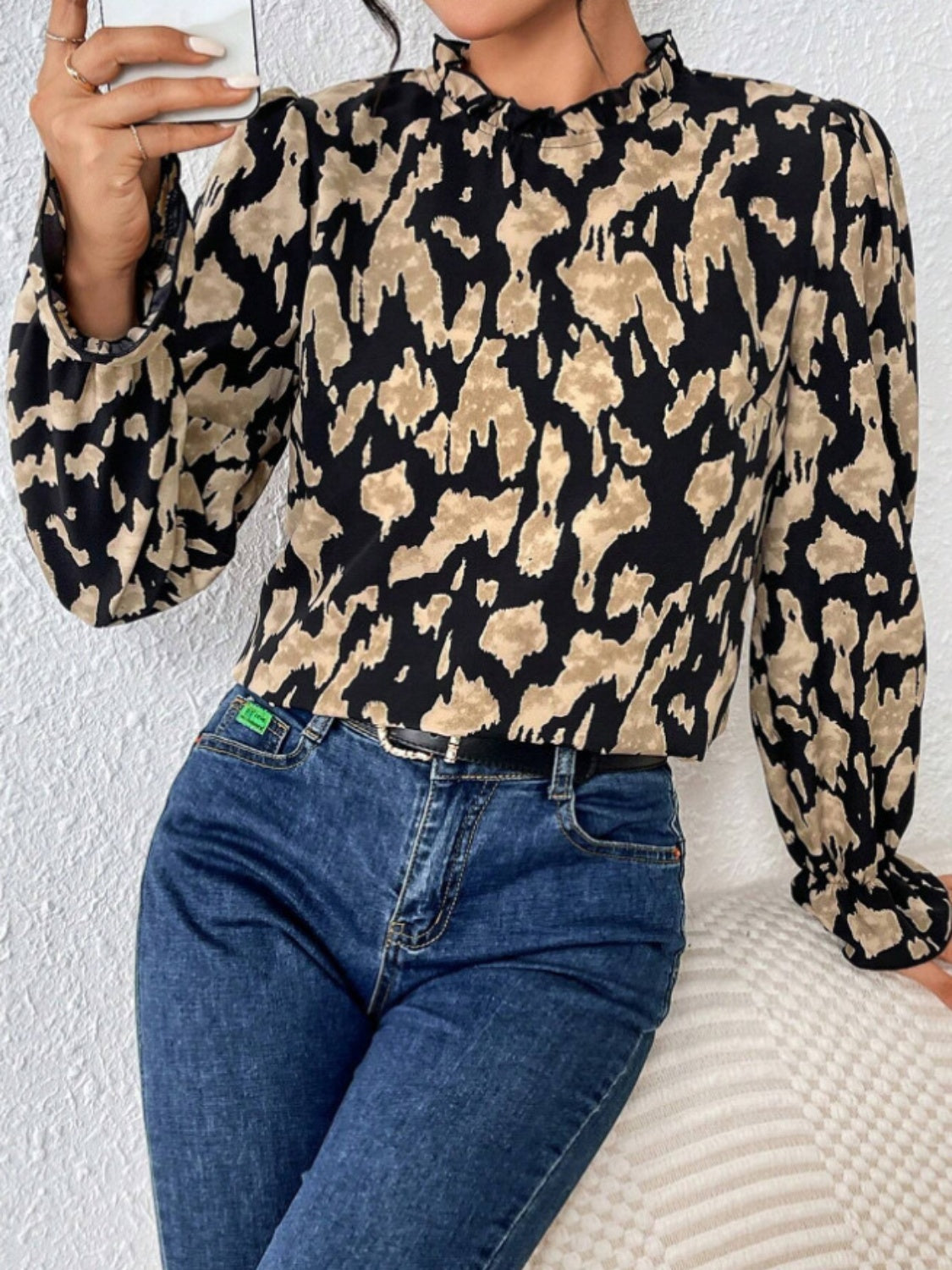 Frill Leopard Mock Neck Flounce Sleeve Blouse – A Tops designed for style and comfort.