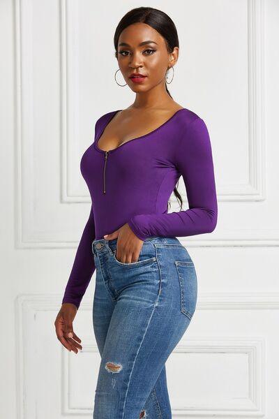 Half Zip Scoop Neck Long Sleeve Bodysuit - Chic Yana's Fashion