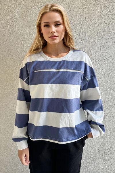 Oh Pima Cotton Wash Exposed Seam Contrast Striped Round Neck Long Sleeve T Shirt - Chic Yana's Fashion