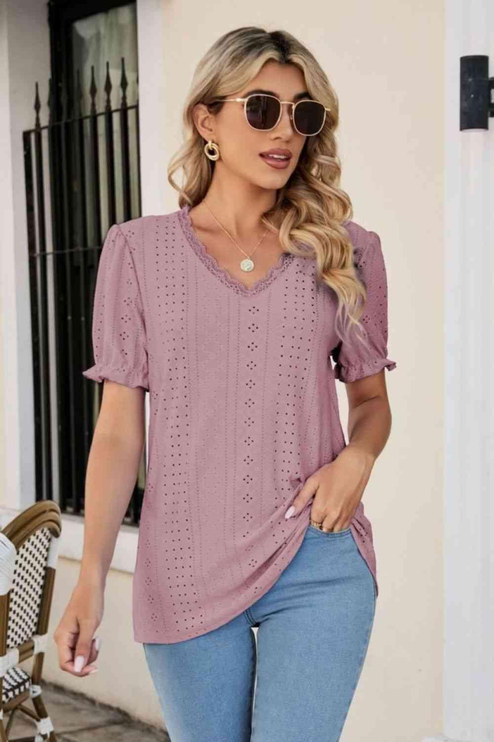 Eyelet Flounce Sleeve Scalloped V Neck Top - Chic Yana's Fashion