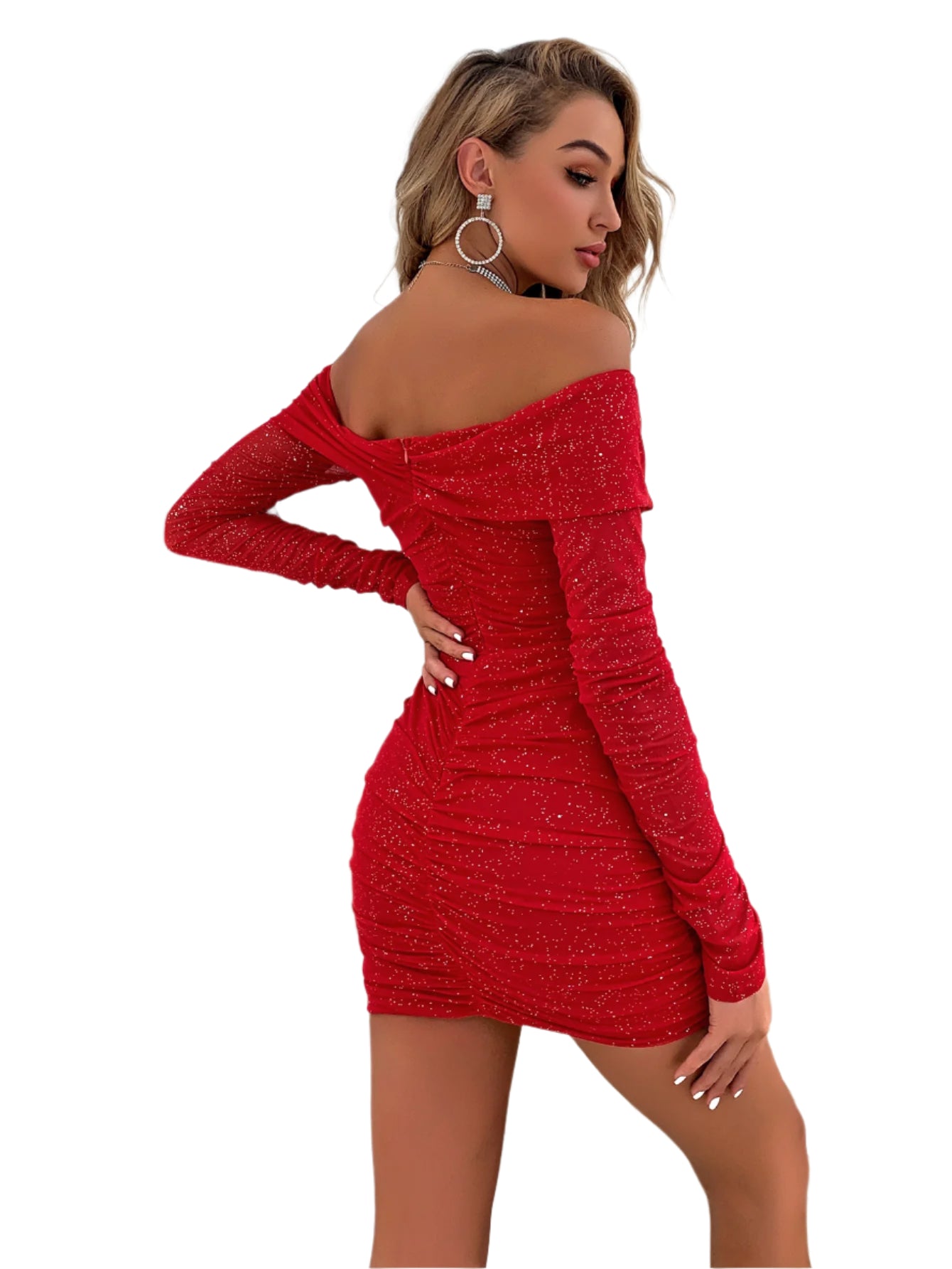 Glitter Ruched Off-Shoulder Long Sleeve Bodycon Dress - Chic Yana's Fashion