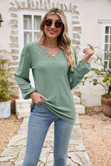 Eyelet Notched Neck Balloon Sleeve Blouse - Chic Yana's Fashion