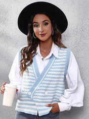 Striped Button Up V Neck Sweater Vest - Chic Yana's Fashion