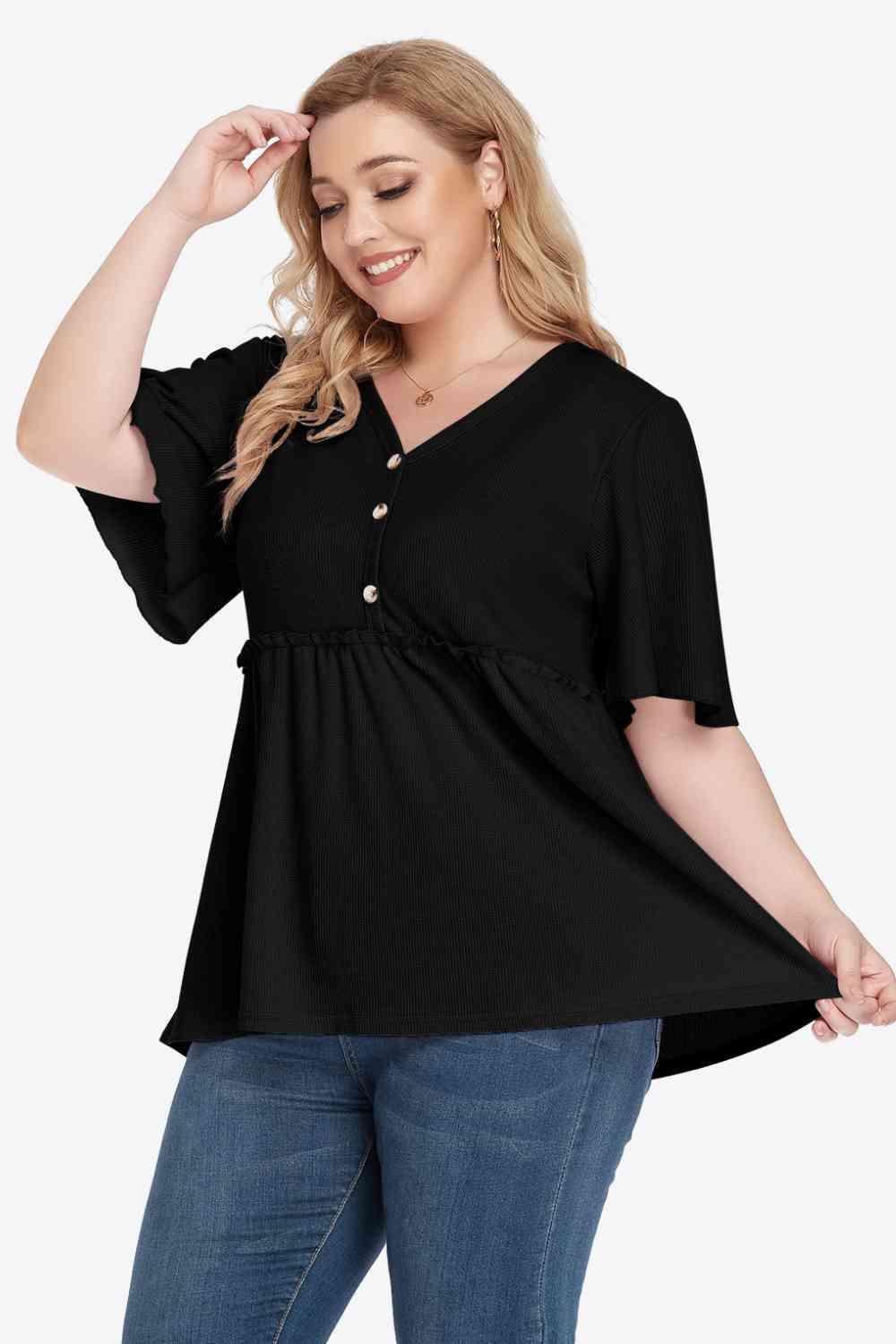 Plus Size Buttoned V Neck Frill Trim Babydoll Blouse - Chic Yana's Fashion