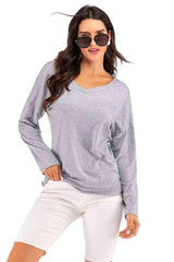 Perfee V Neck Drop Shoulder Open Back Sweatshirt - Chic Yana's Fashion