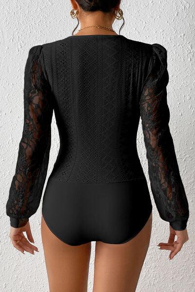 Eyelet Lace Long Sleeve Bodysuit - Chic Yana's Fashion