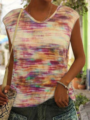 Shiny Printed Round Neck Cap Sleeve Top - Chic Yana's Fashion