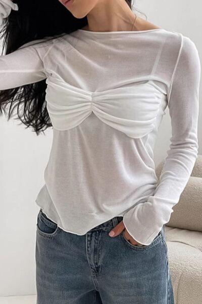 Ruched Round Neck Long Sleeve Blouse - Chic Yana's Fashion