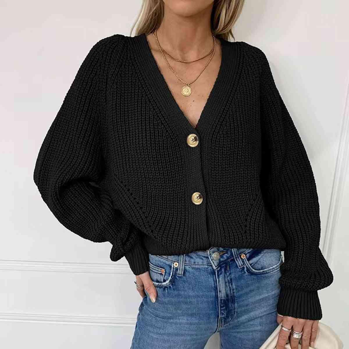 Button Up V Neck Long Sleeve Cardigan - Chic Yana's Fashion