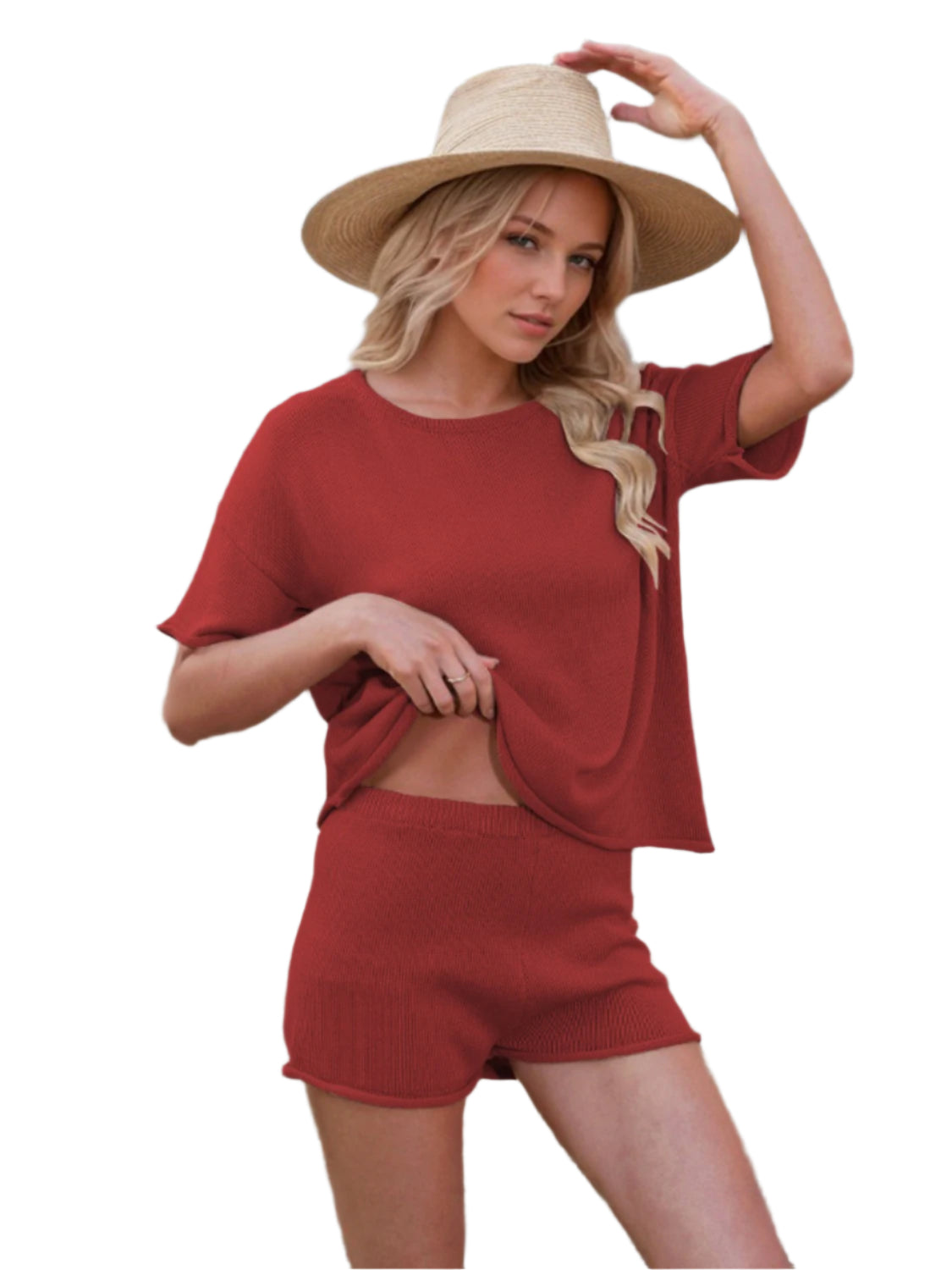 Round Neck Short Sleeve Top and Shorts Sweater Set - Shop Now at Chic Yana's Fashion