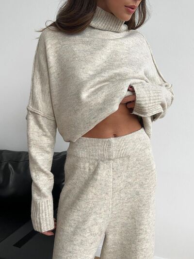 Slit Turtleneck Long Sleeve Top And Pants Sweater Set - Chic Yana's Fashion