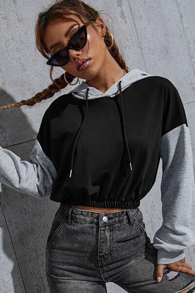 Perfee Contrast Long Sleeve Cropped Hoodie - Chic Yana's Fashion