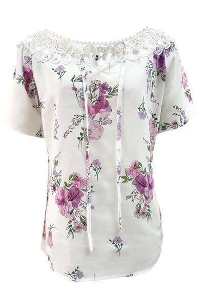 Full Size Printed Tie Neck Short Sleeve Blouse - Chic Yana's Fashion