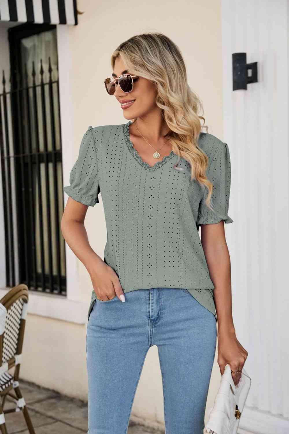 Eyelet Flounce Sleeve Scalloped V Neck Top - Chic Yana's Fashion