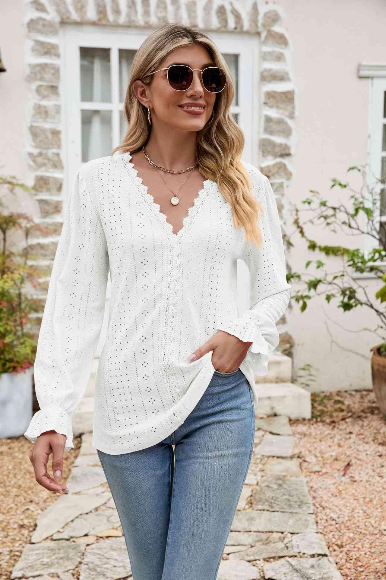 Eyelet Lace Trim Flounce Sleeve Blouse - Chic Yana's Fashion