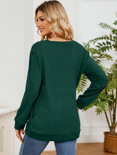 Ruched Shoulder Round Neck Long Sleeve Sweatshirt - Chic Yana's Fashion