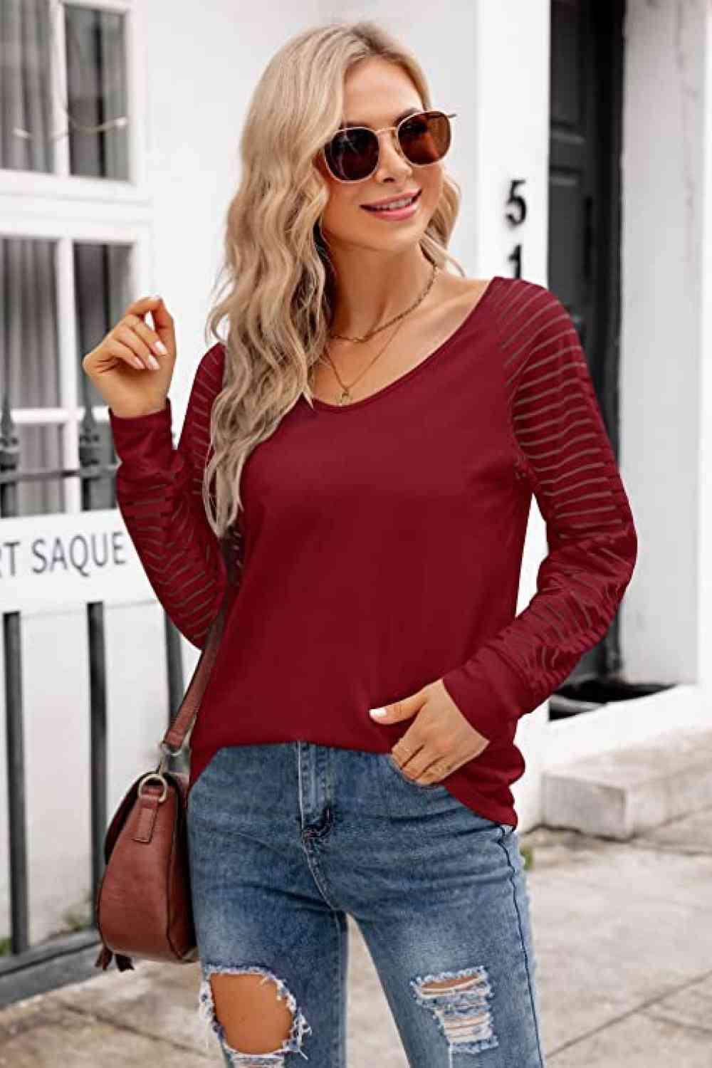 V Neck Long Raglan Sleeve Top - Chic Yana's Fashion