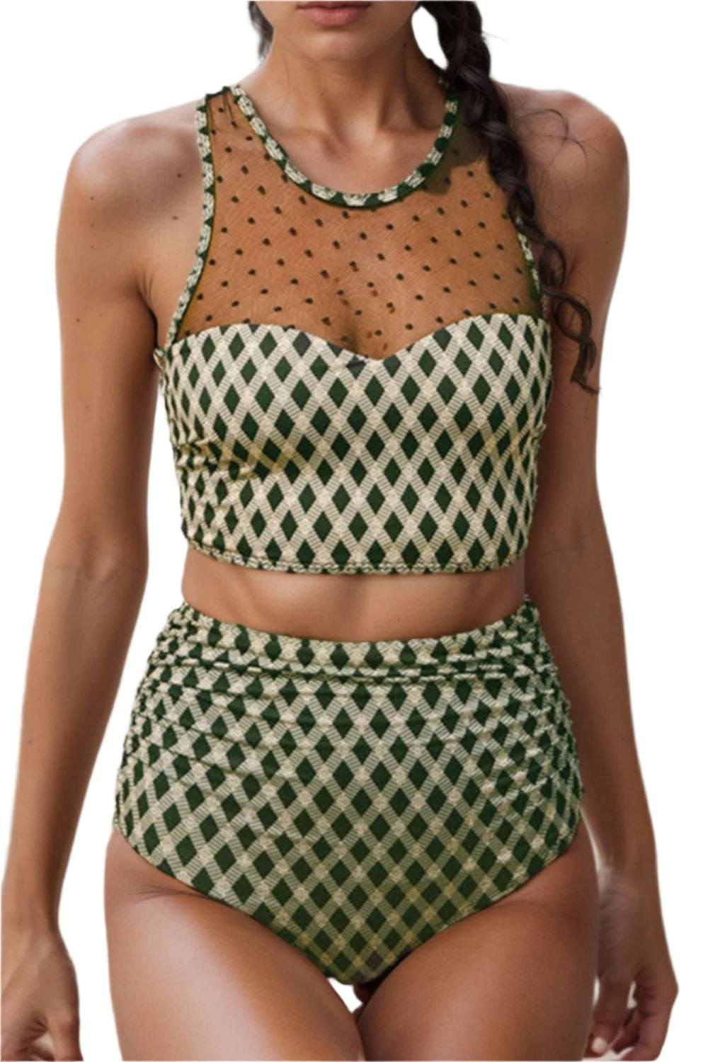 Dotted Mesh Plaid Patchwork High Waisted Swim Set - Stylish and Trendy Women's Fashion from Chic Yana's Fashion
