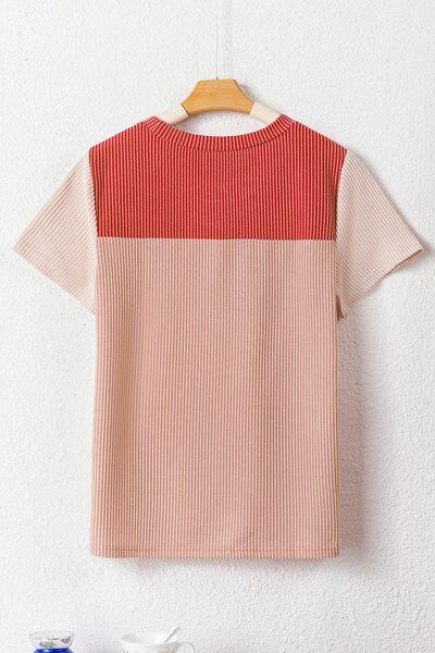 Color Block Round Neck Short Sleeve T Shirt 3 - Chic Yana's Fashion