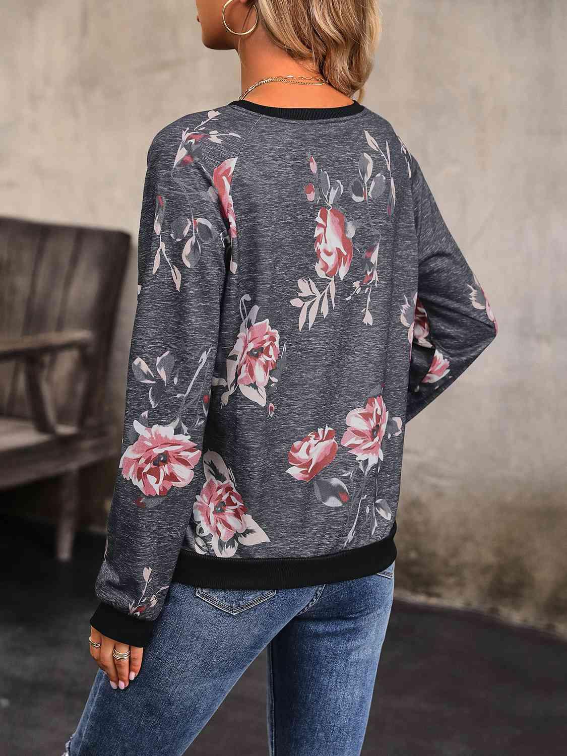 Perfee Floral Round Neck Raglan Sleeve Sweatshirt - Chic Yana's Fashion