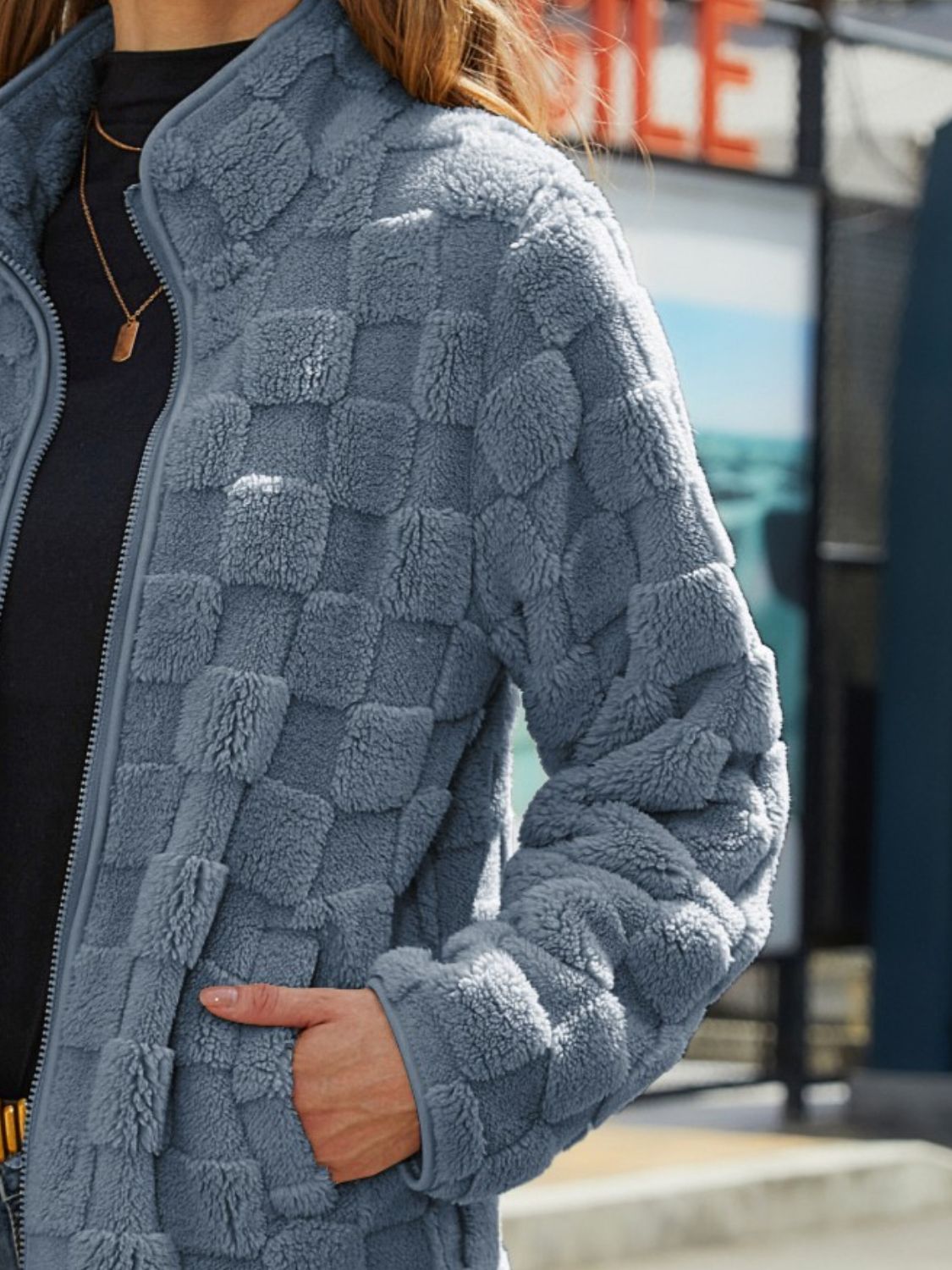 Fuzzy Checkered Zip Up Jacket - Chic Yana’s Fashion