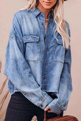 Collared Neck Raw Hem Long Sleeve Denim Shirt - Chic Yana's Fashion