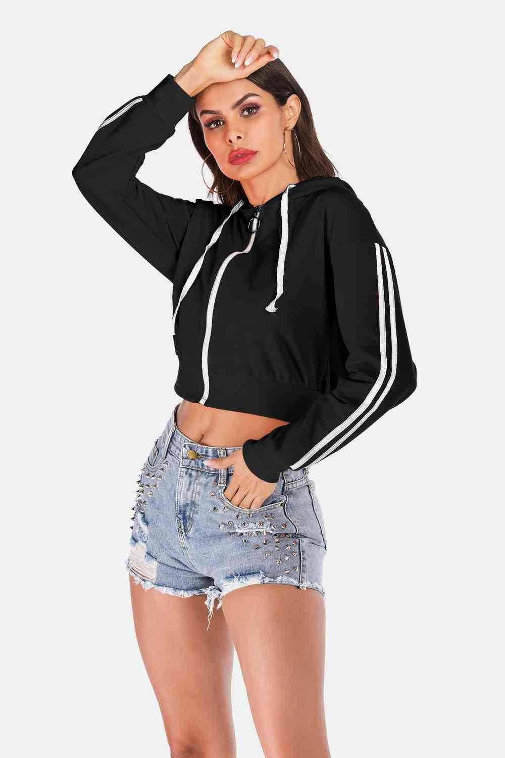 Perfee Side Stripe Drawstring Cropped Hooded Jacket - Chic Yana's Fashion