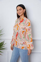 Floral Frill Notched Long Sleeve Blouse - Chic Yana's Fashion