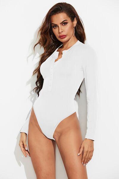 Half Button Round Neck Long Sleeve Bodysuit - Chic Yana's Fashion