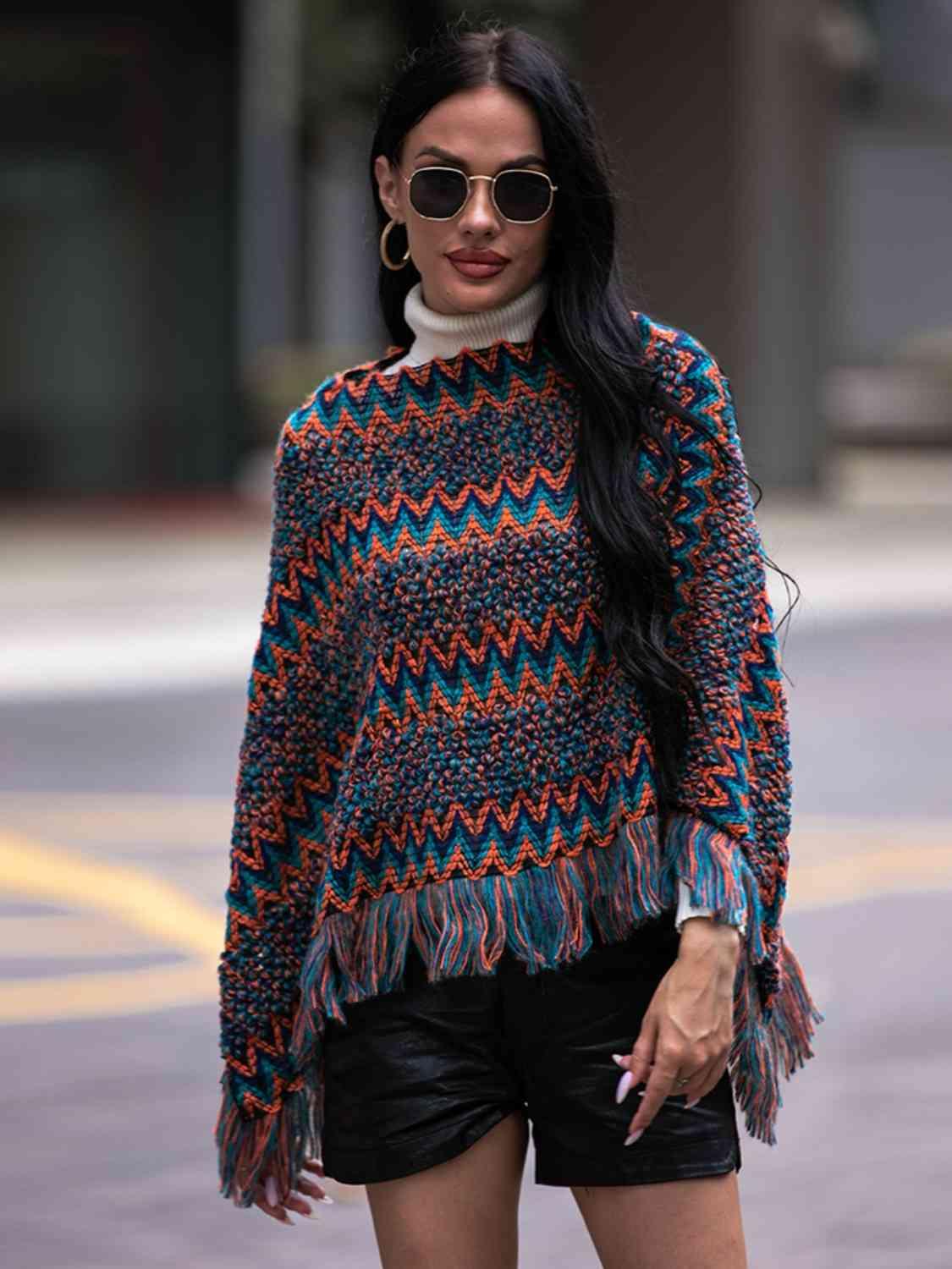 Shiny Fringe Hem Boat Neck Poncho - Chic Yana's Fashion