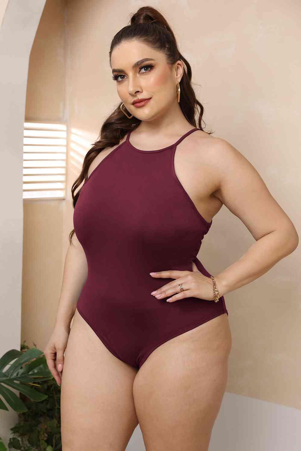 Plus Size Halter Neck Spaghetti Strap Bodysuit - Chic Yana's Fashion