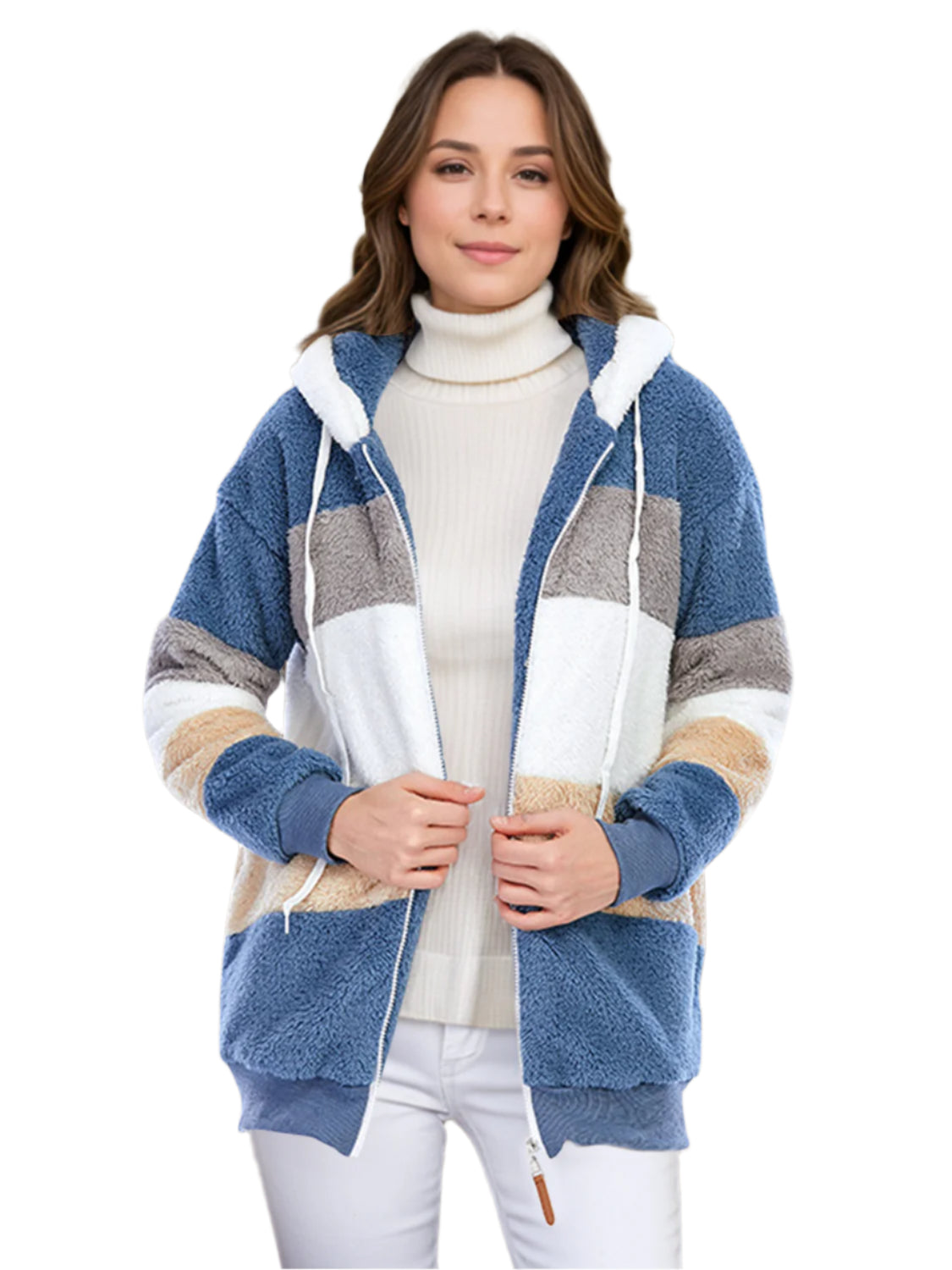 Full Size Drawstring Color Block Zip Up Hooded Outerwear - Chic Yana’s Fashion