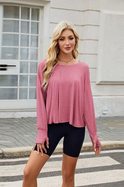 Cutout Back Round Neck Long Sleeve T Shirt - Chic Yana's Fashion