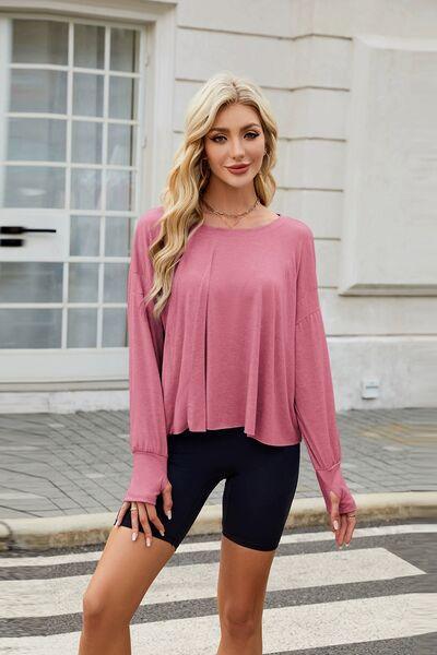 Cutout Back Round Neck Long Sleeve T Shirt - Chic Yana's Fashion