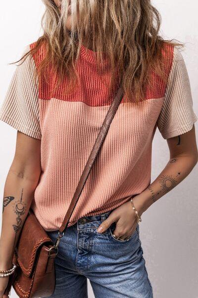 Color Block Round Neck Short Sleeve T Shirt 3 - Chic Yana's Fashion