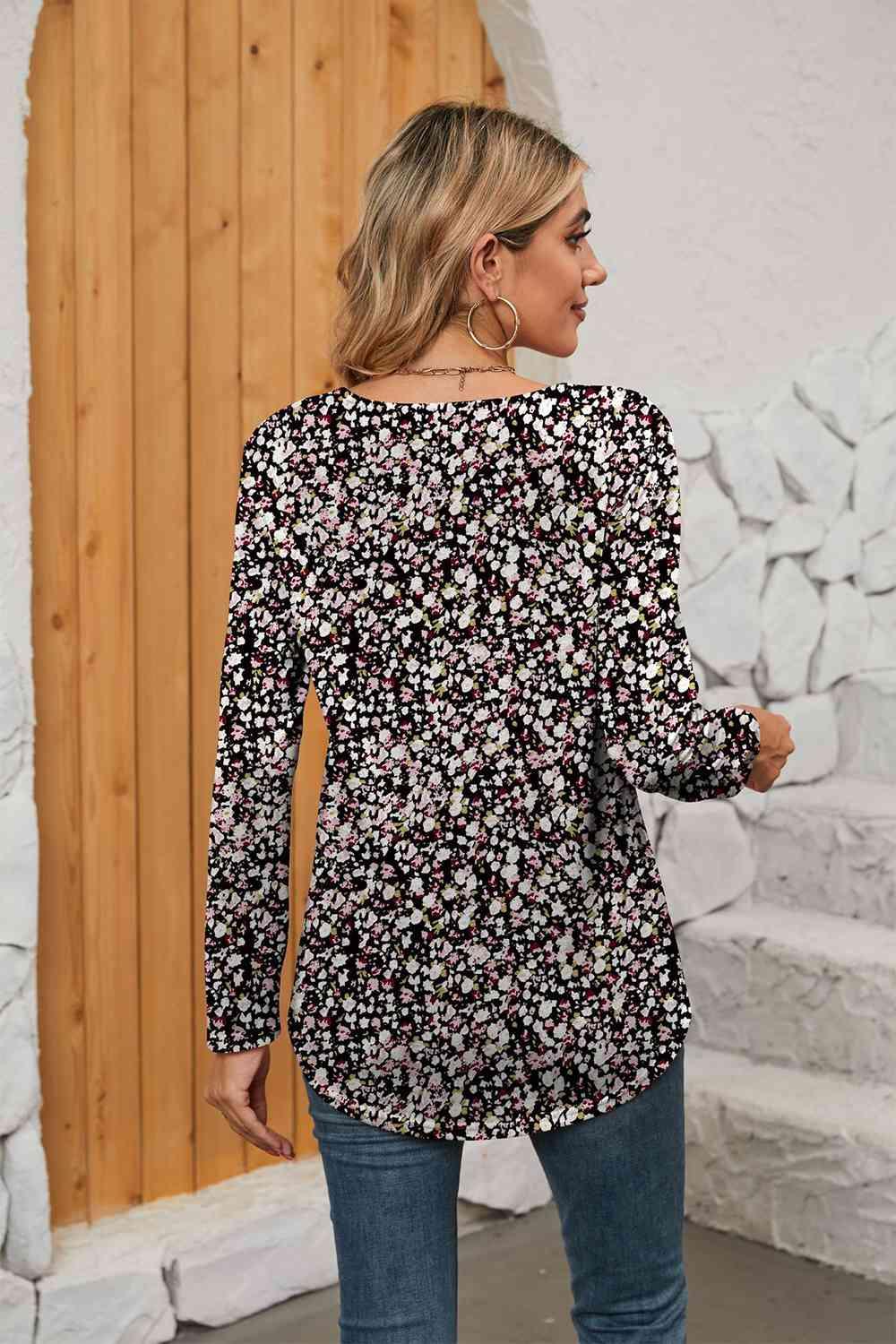 Printed Square Neck Long Sleeve Blouse - Chic Yana's Fashion