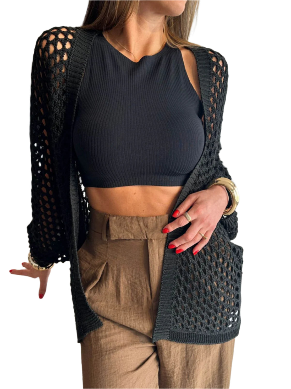 Hollow Out Open Front Cover-Up - Stylish and Trendy Women's Fashion from Chic Yana's Fashion